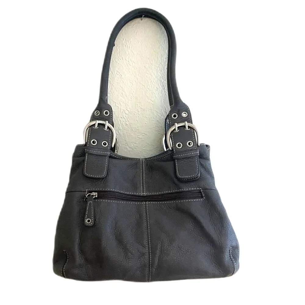 TIGNANELLO Medium Gray Pebbled Leather Shoulder Tote Satchel Purse Bag GUC